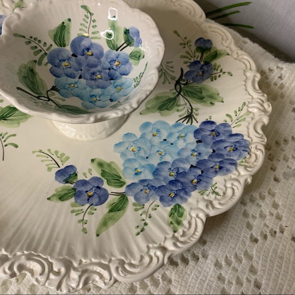 Italian pottery serving plate hand painted hydrangea art nouveau swirl edge - Picture 6 of 8